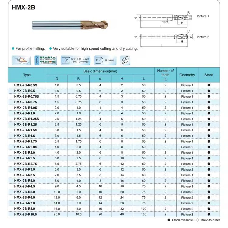 2F HRC55 Ball End Mill