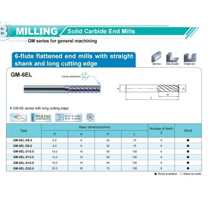 6F Long Cutting Edge End Mills